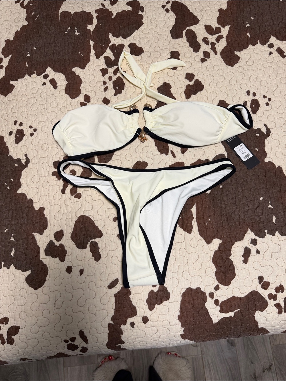 Fashion Nova Cream Bikini Set with Black Trim